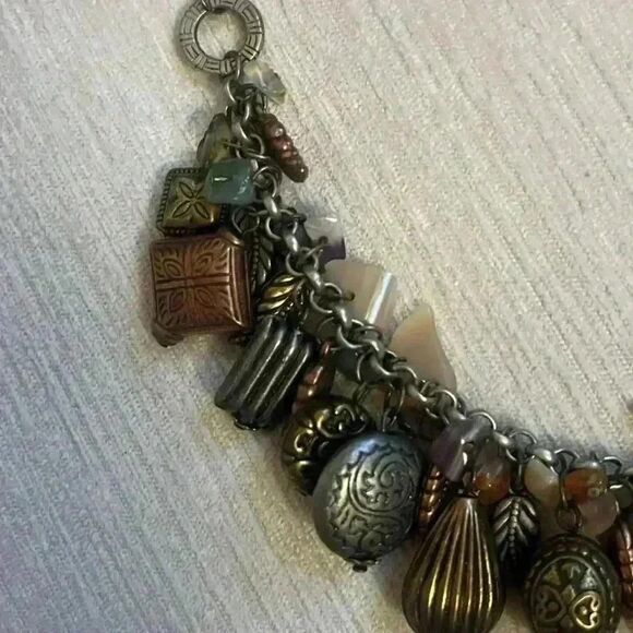 Charm necklace with multi earth semi precious stones and beads bronze tone - Picture 3 of 6